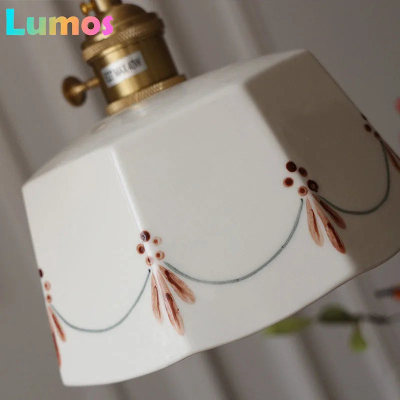 Japanese retro brass-glazed printed ceramic chandelier Simple bedroom bedside restaurant bar entrance bay window light