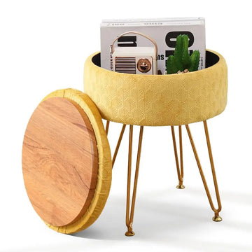 Pouf Rotondo in Velluto con Poggiapiedi e Spazio Contenitore, Morbida Sedia da Toeletta con Seduta in Memory Foam, Tavolino Laterale Piccolo, Ingresso Ste