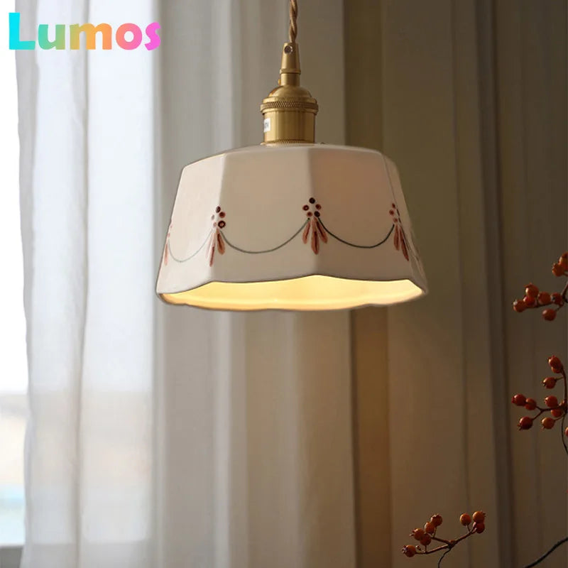 Lampadario giapponese in ceramica retro smaltata ottone stampata Semplice luce da comodino per camera da letto, ristorante, bar, ingresso, bovindo