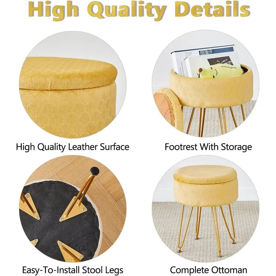 Velvet Ottoman Round Footrest Footstools with Storage Space Soft Vanity Chair with Memory Foam Seat Small Side Table Hallway Ste