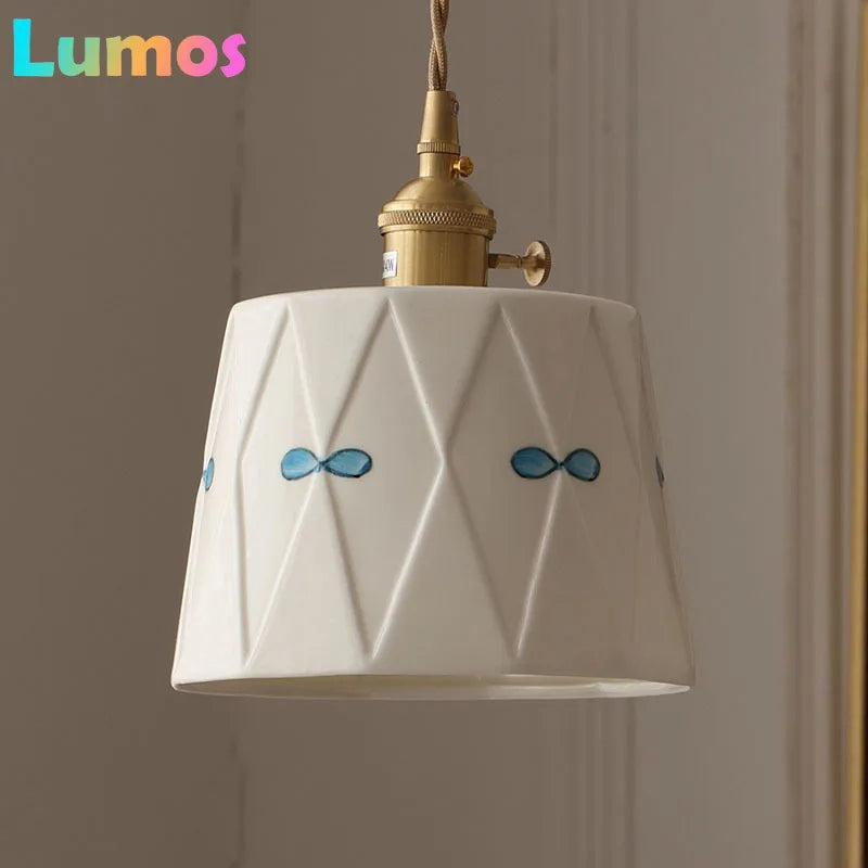 Japanese retro brass-glazed printed ceramic chandelier Simple bedroom bedside restaurant bar entrance bay window light