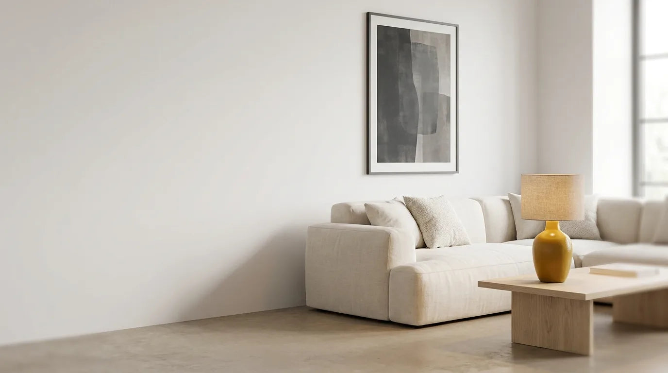Soggiorno moderno con divano crema e lampada ceramica oro